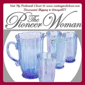 🦋 New Pioneer Woman Beautiful Blue Iridescent Pitcher & 4 Glass Tumblers, Blue